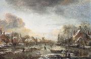 Aert van der Neer A Frozen River by a Town at Evening oil painting artist